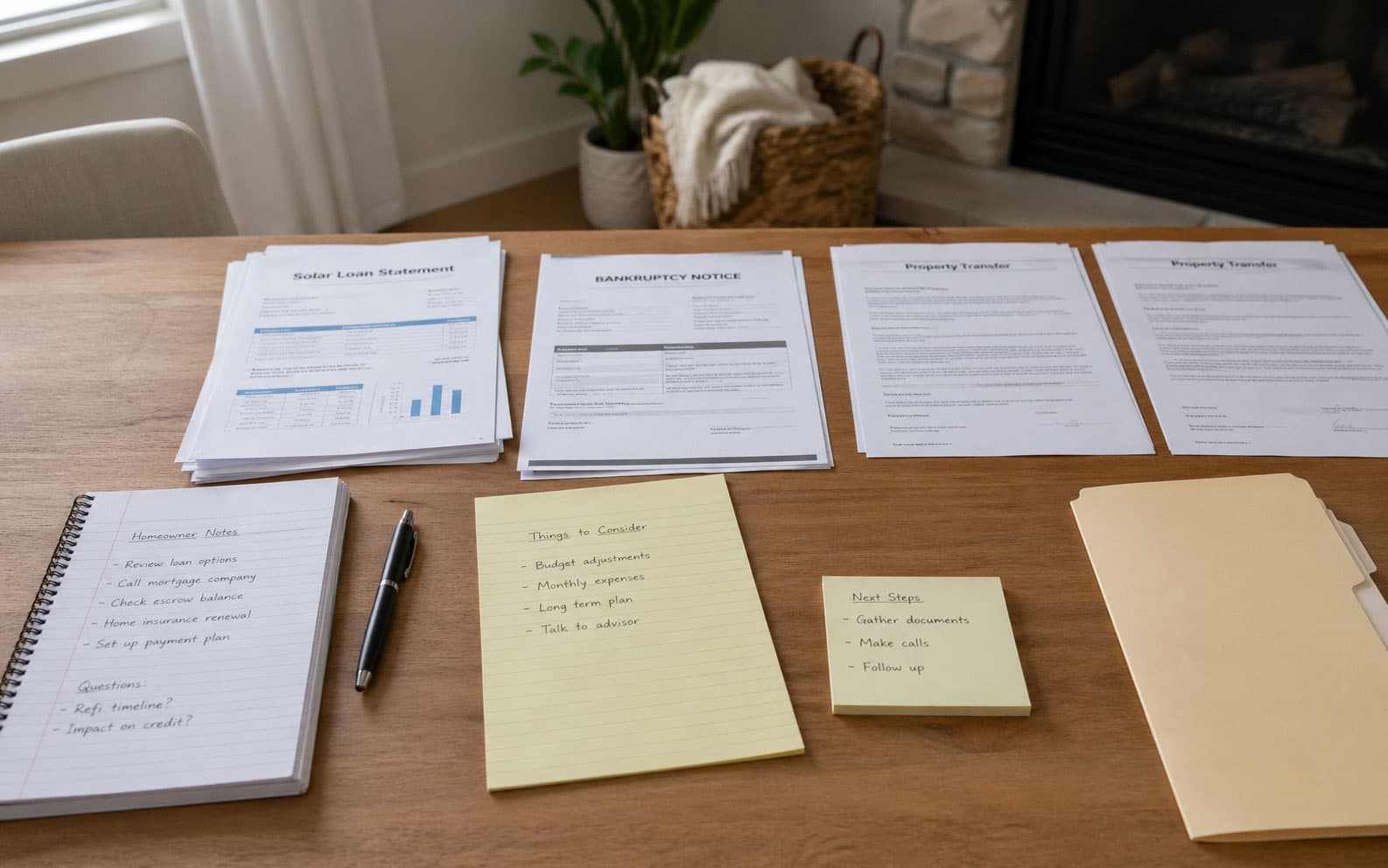 Solar lender bankruptcy notice and loan paperwork on a table