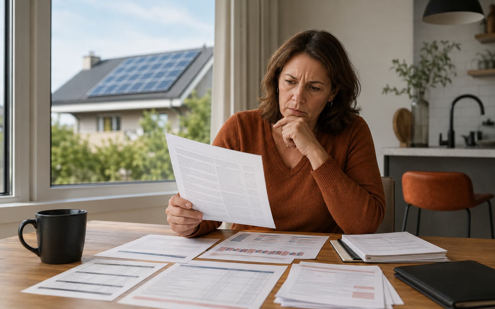 Concerned homeowner reviewing solar contracts, loan statements, and utility bills at a kitchen table