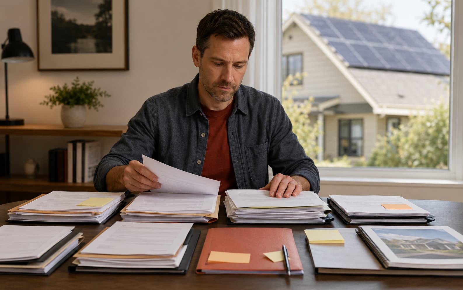 Documents to Review When Solar Promises Do Not Match Homeowner organizing solar contracts, loan statements, utility bills, and service records