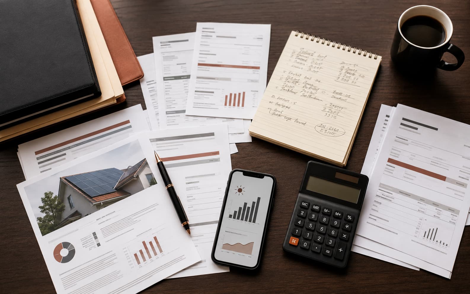 Solar Loan and Sales Documents to Review Solar loan agreement, sales proposal, and utility bills spread across a table